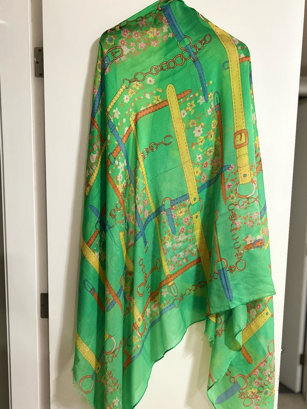 Green Floral & Chain Print Scarf - Bright Green Wrap